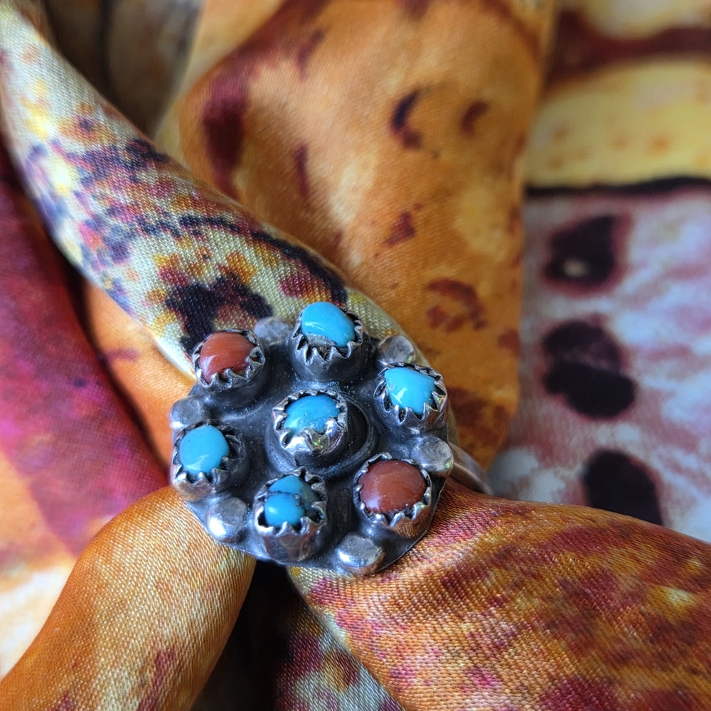 Vintage Silver Ring with Turquoise and Coral Accents